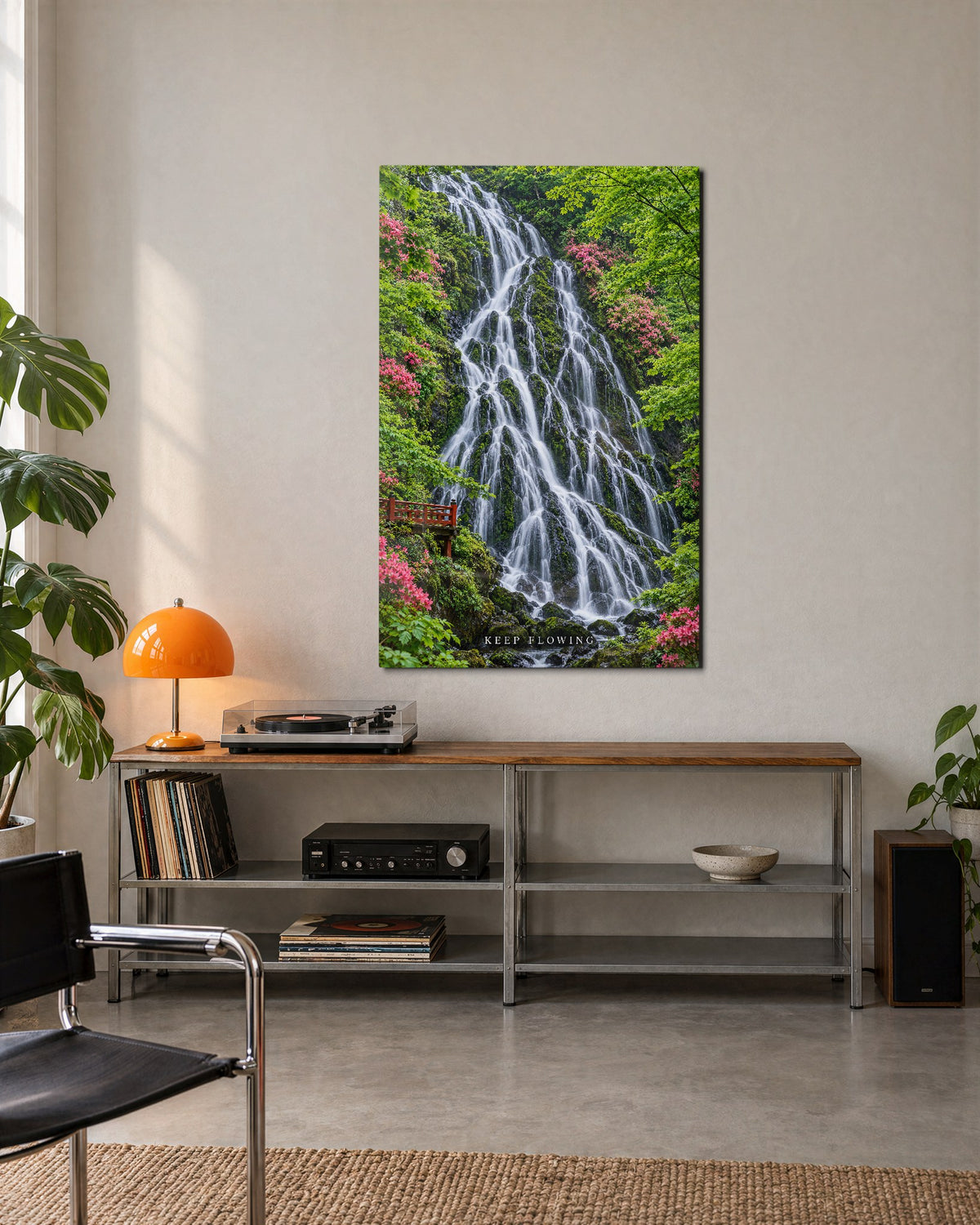 Moss and Moving Water glass wall art, lifestyle view