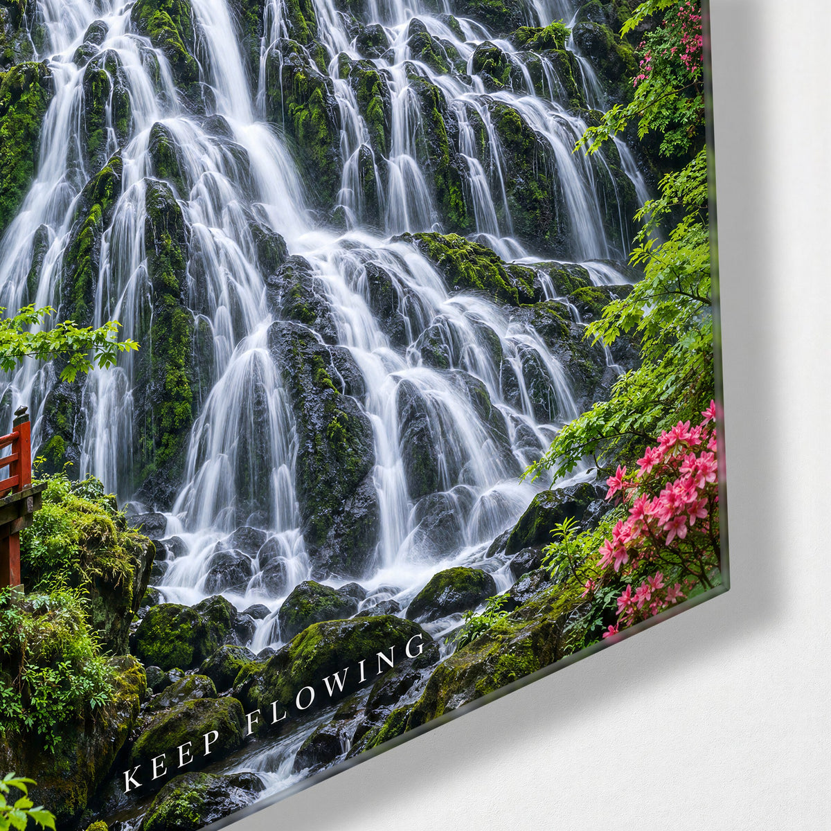 Moss and Moving Water glass wall art, corner view