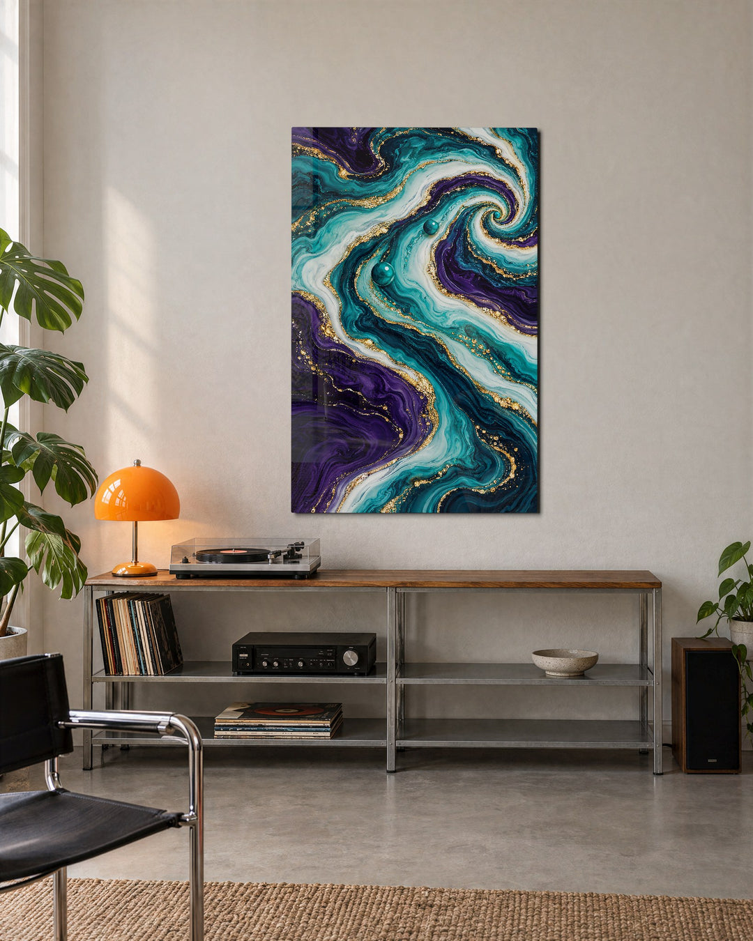 Two Pearls in a Spiral glass wall art, lifestyle view