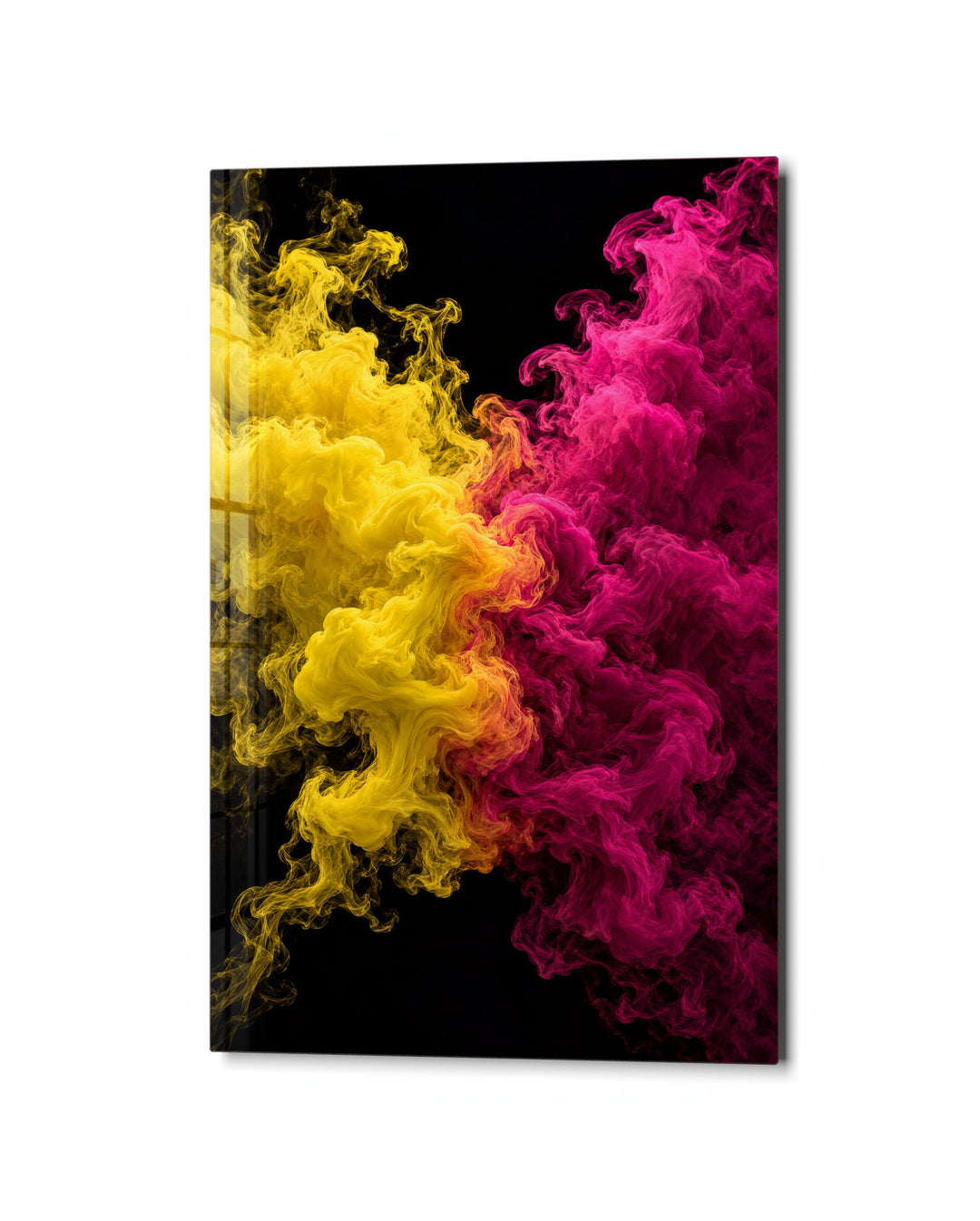Yellow Meets Magenta glass wall art, studio view