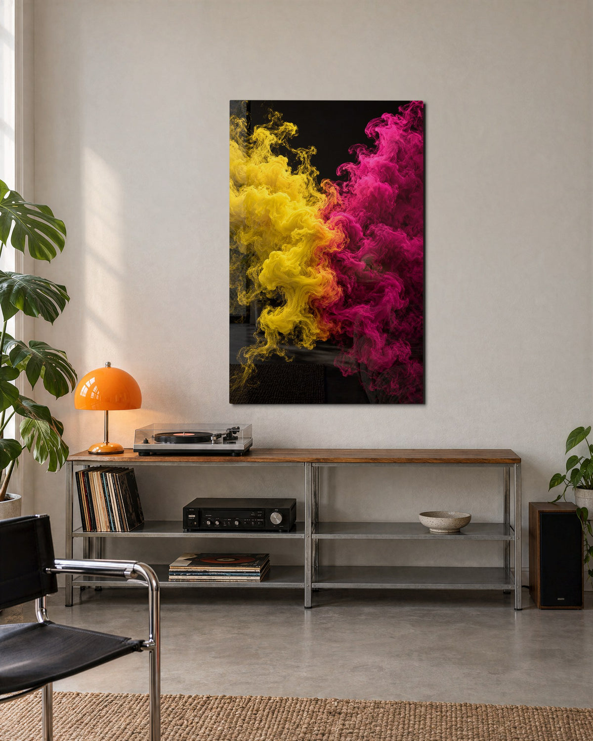 Yellow Meets Magenta glass wall art, lifestyle view