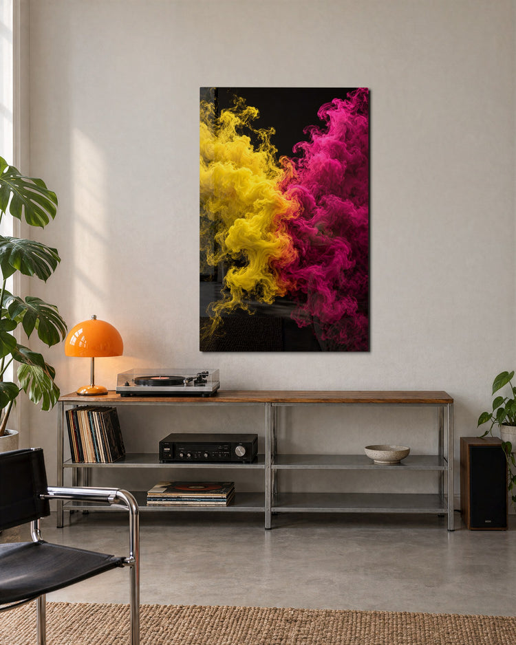 Yellow Meets Magenta glass wall art, lifestyle view
