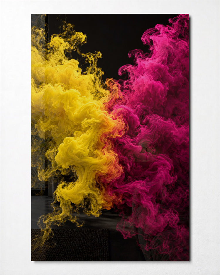 Yellow Meets Magenta glass wall art, front view