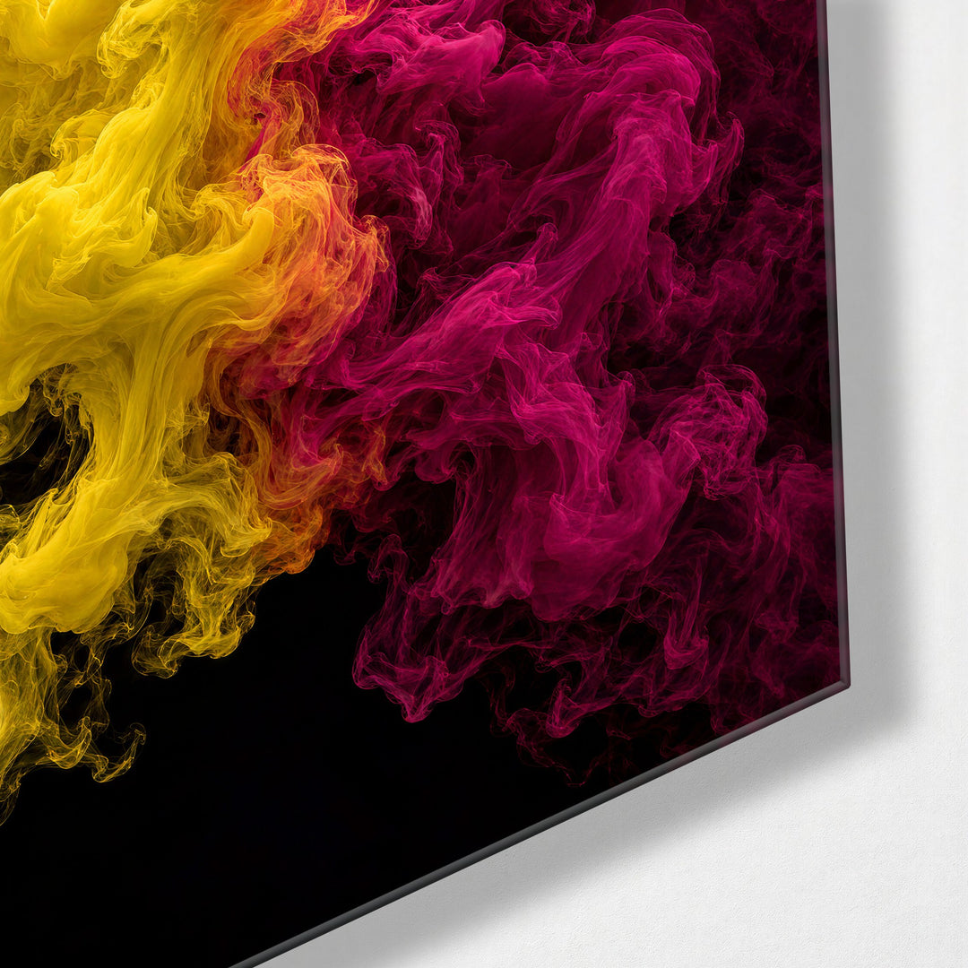 Yellow Meets Magenta glass wall art, corner view