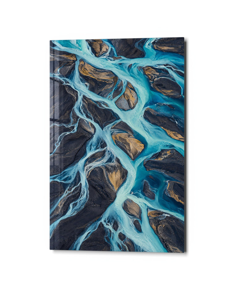 Threads of Milky Water glass wall art, studio view