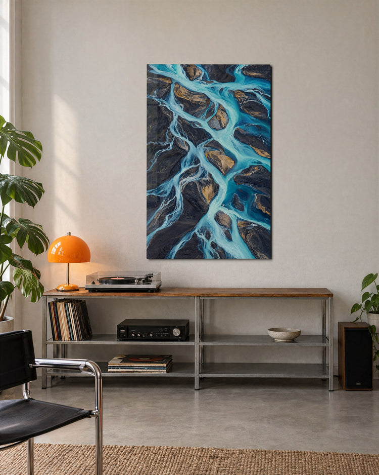 Threads of Milky Water glass wall art, lifestyle view