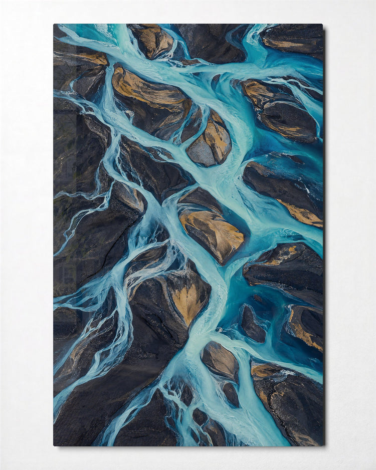 Threads of Milky Water glass wall art, front view