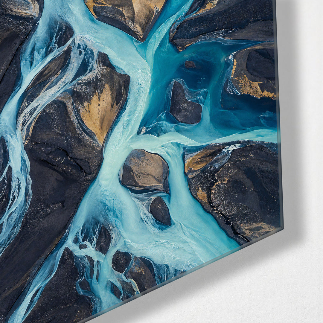 Threads of Milky Water glass wall art, corner view