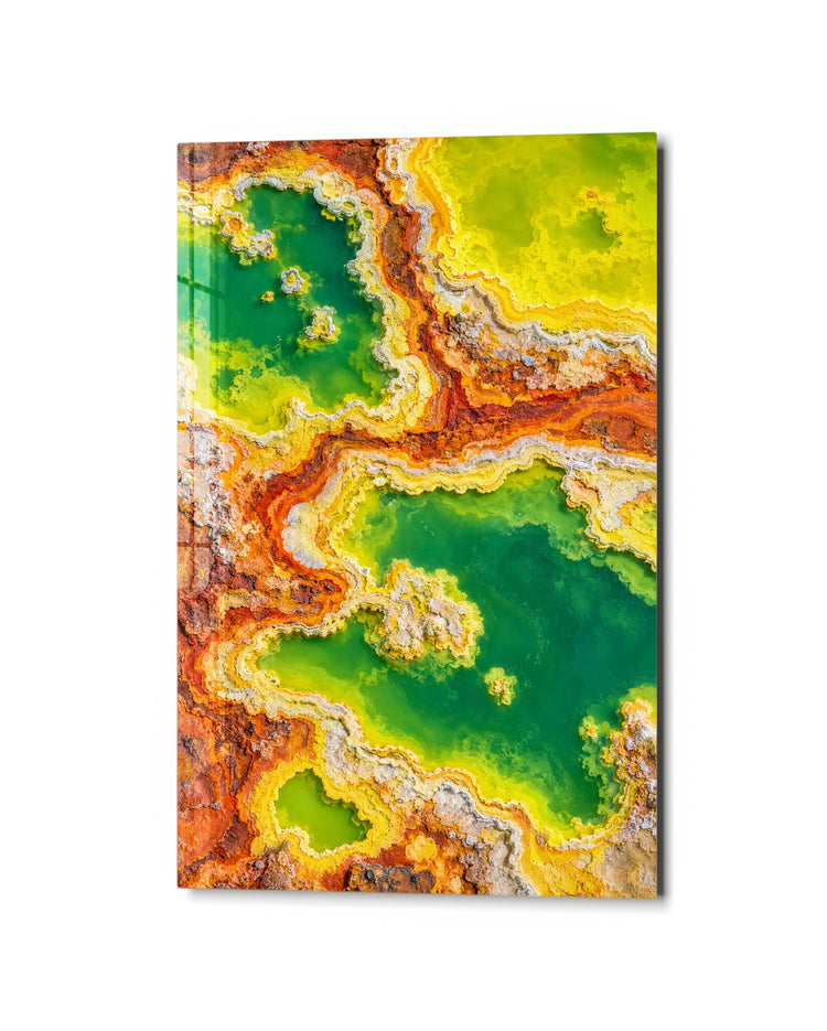 Yellow Rim, Green Pool glass wall art, studio view
