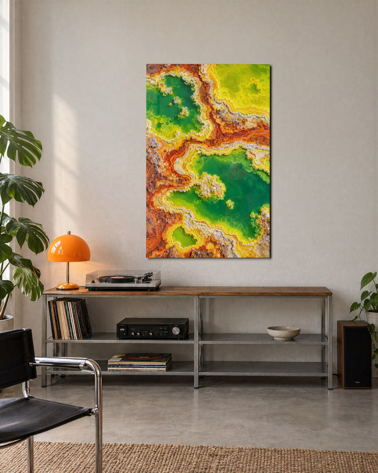 Yellow Rim, Green Pool glass wall art, lifestyle view