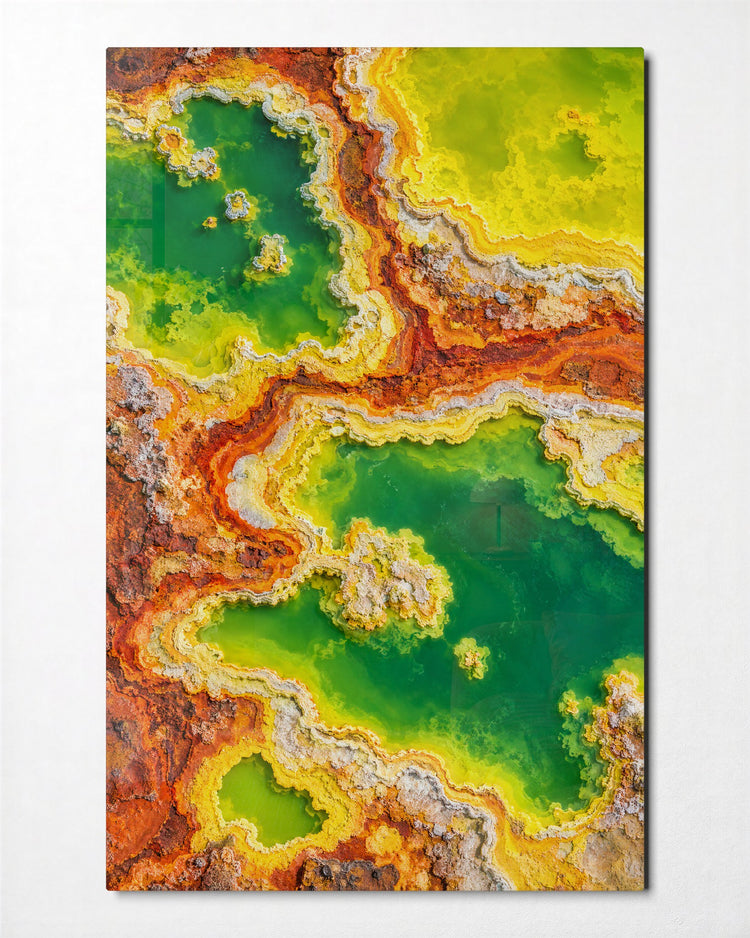 Yellow Rim, Green Pool glass wall art, front view