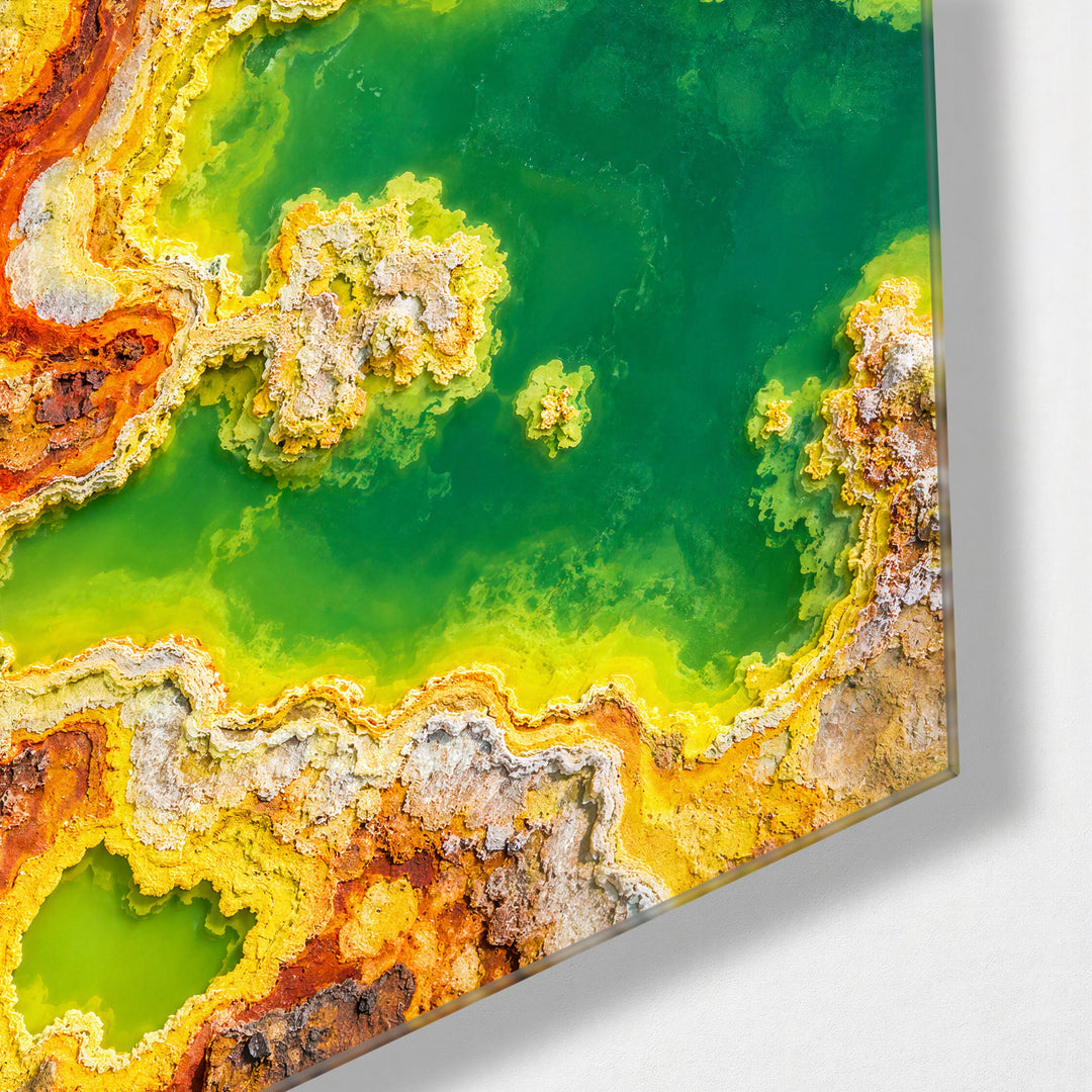 Yellow Rim, Green Pool glass wall art, corner view