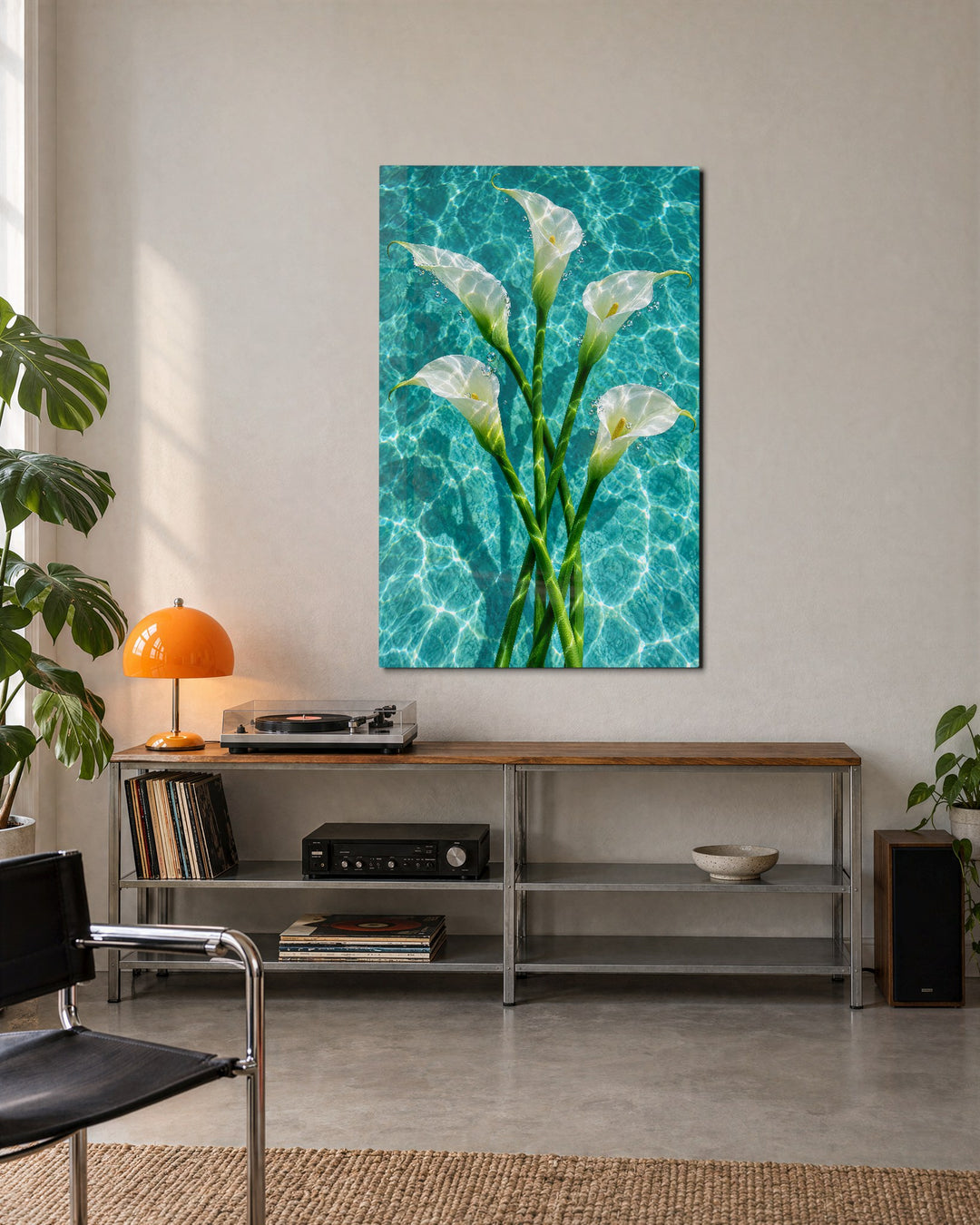 Five Lilies, Cool Water glass wall art, lifestyle view
