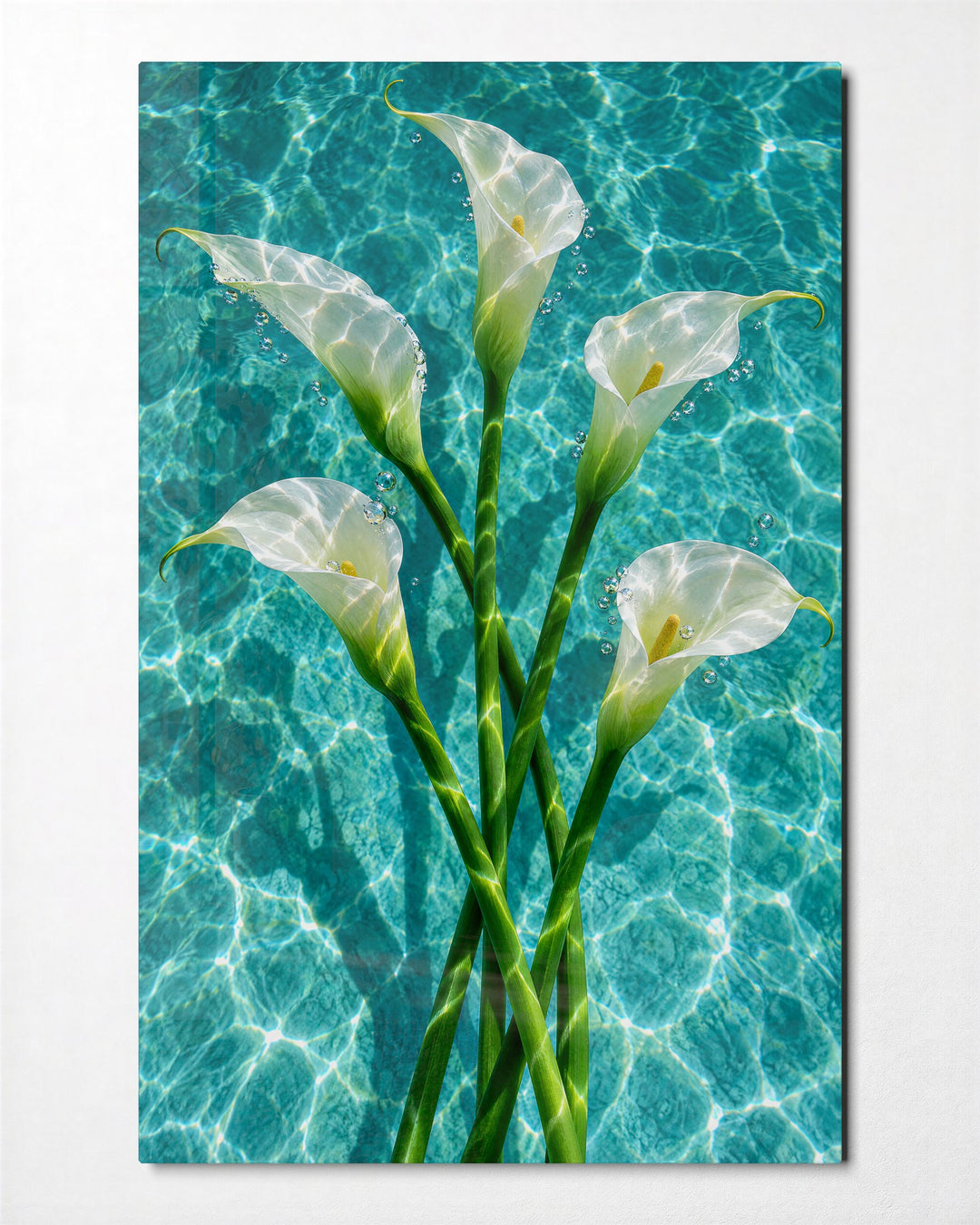 Five Lilies, Cool Water glass wall art, front view