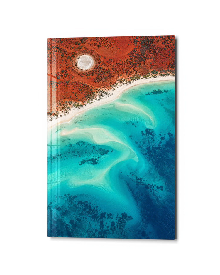 Rust Shore, Teal Water glass wall art, studio view