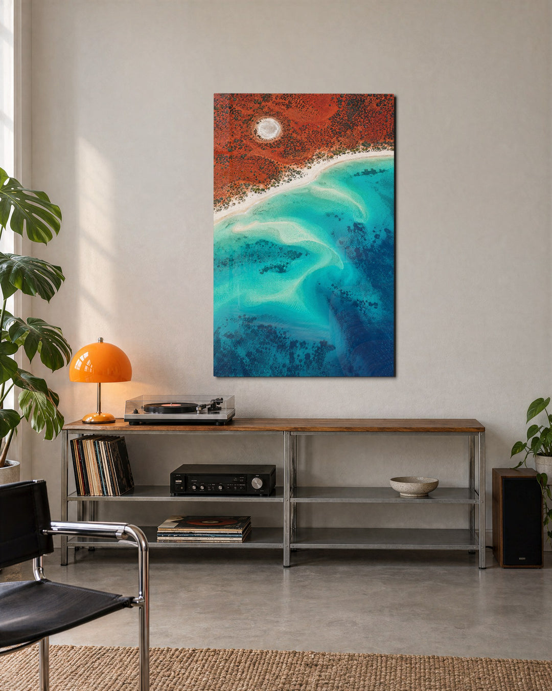 Rust Shore, Teal Water glass wall art, lifestyle view