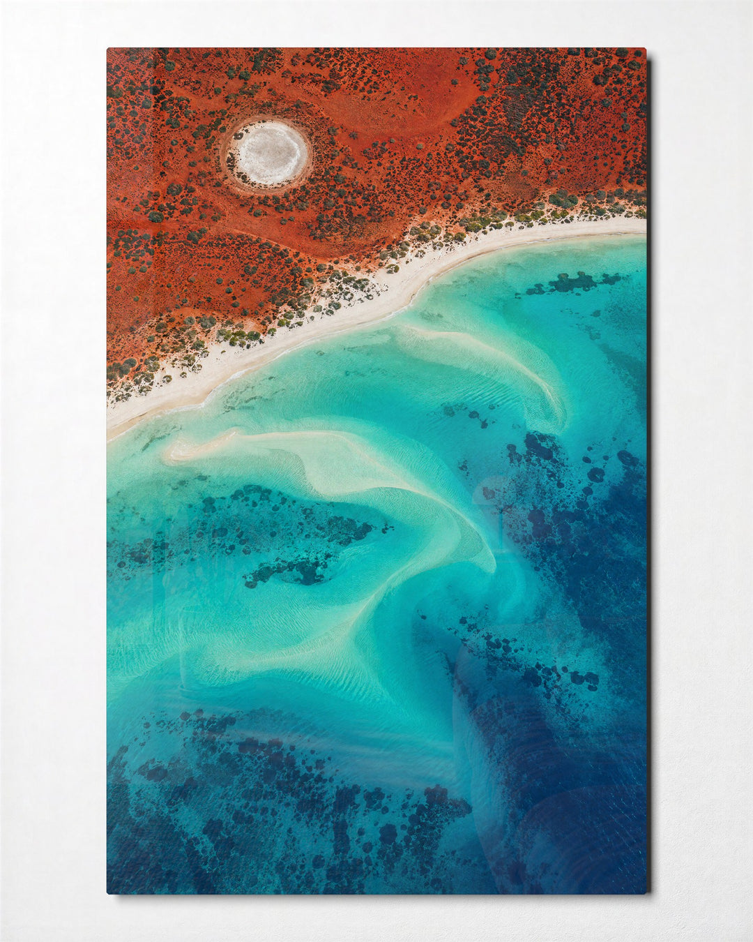 Rust Shore, Teal Water glass wall art, front view