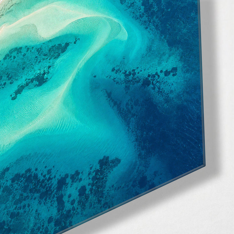Rust Shore, Teal Water glass wall art, corner view