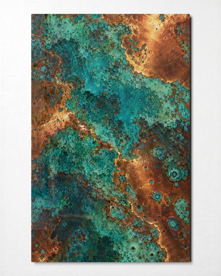 Patina Wins glass wall art, front view
