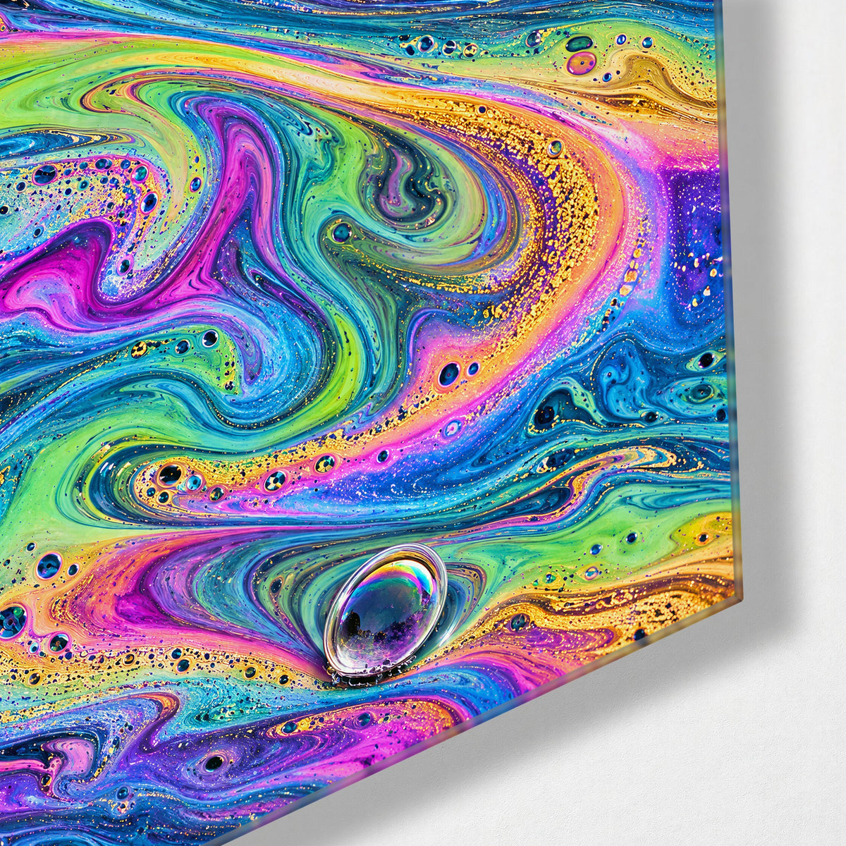 Bubble Surface Study glass wall art, corner view
