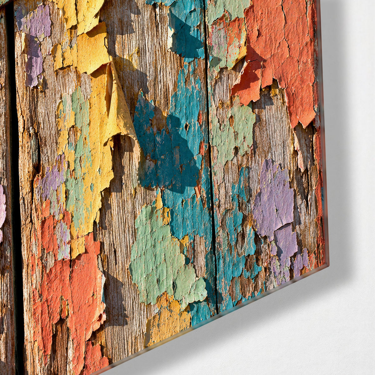 Old Boards, Many Coats glass wall art, corner view
