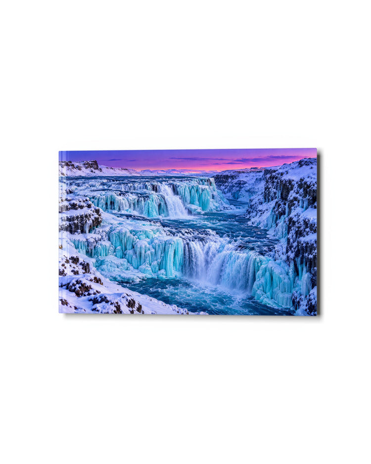 Frozen Falls, Pink Dusk glass wall art, studio view
