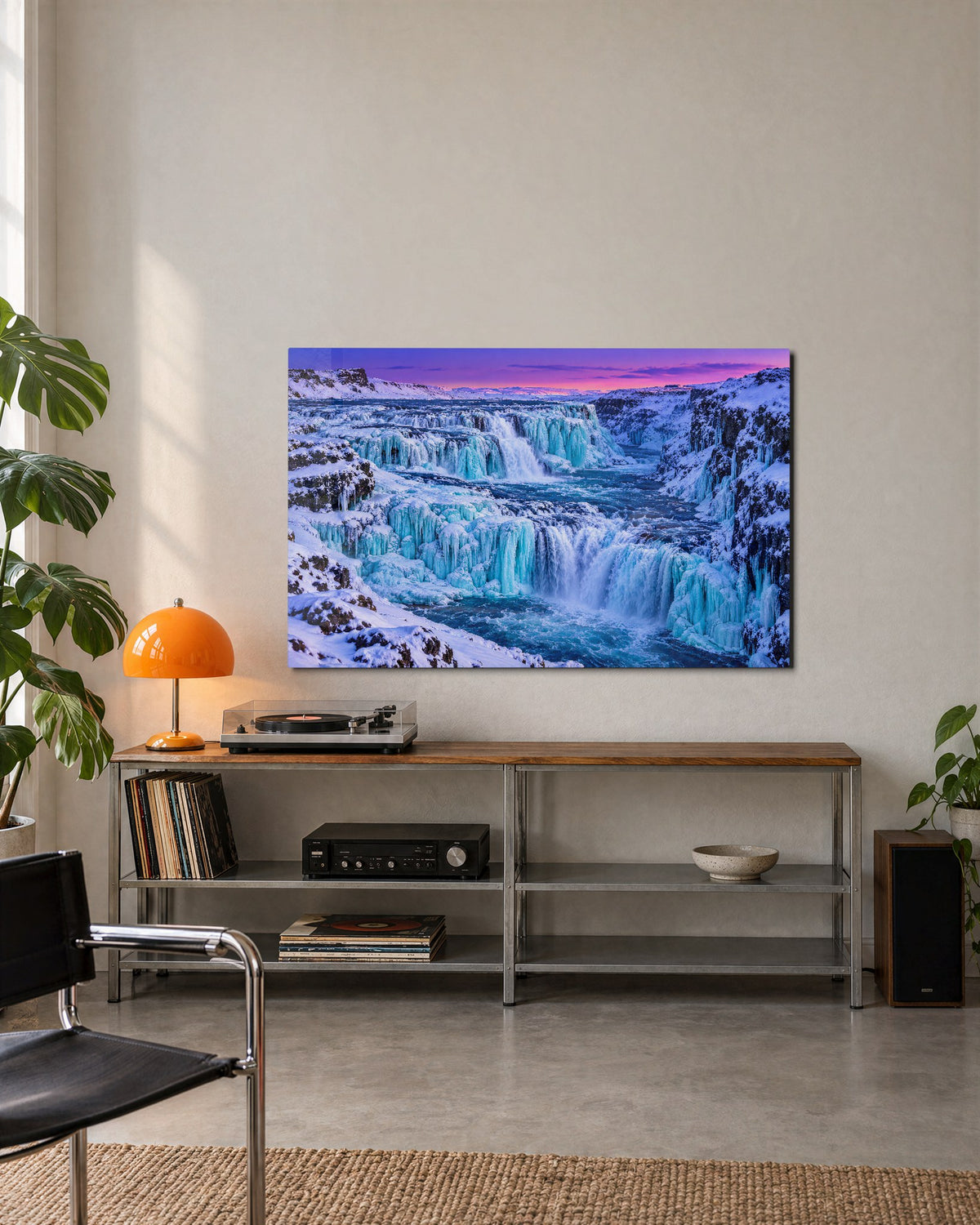 Frozen Falls, Pink Dusk glass wall art, lifestyle view