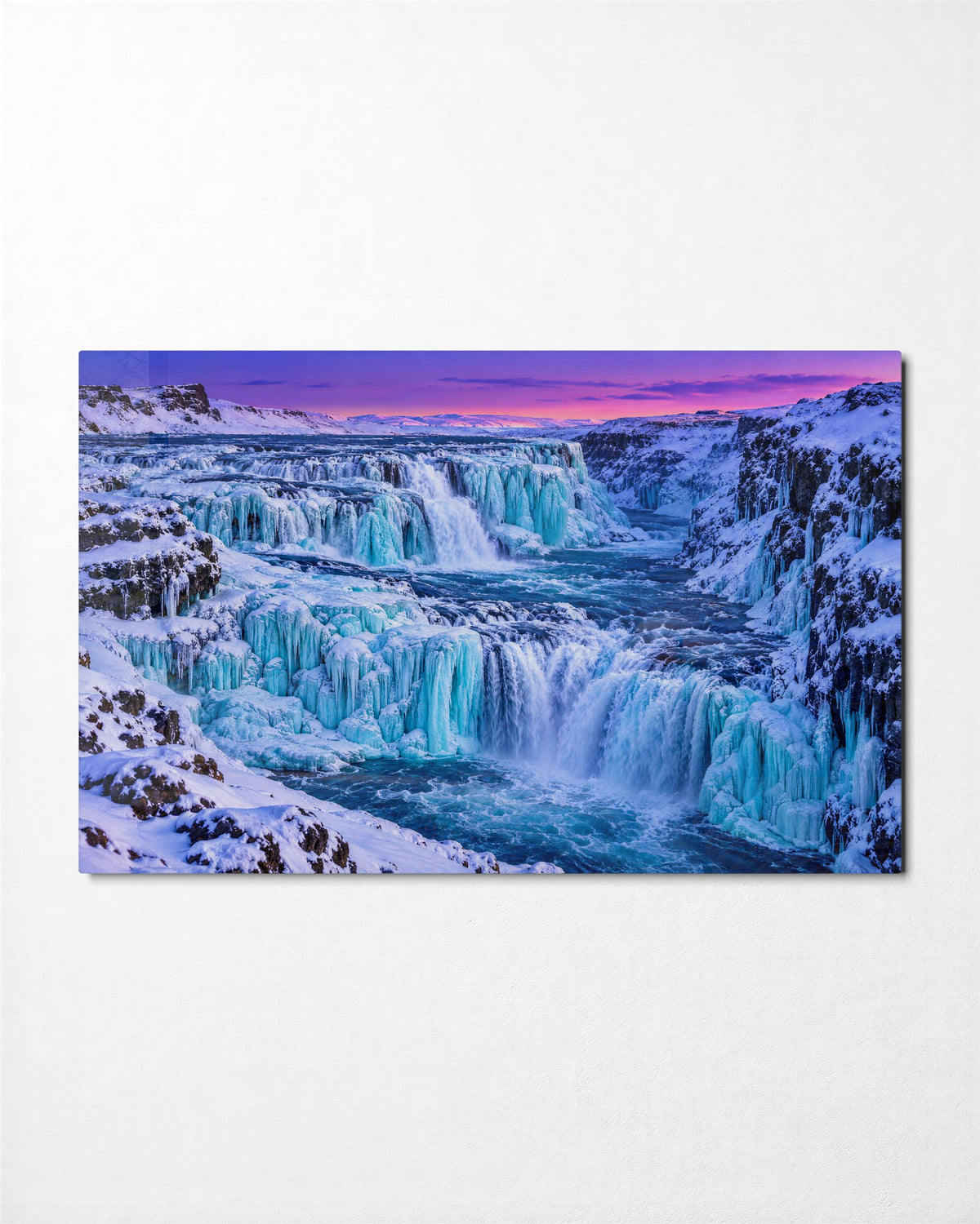 Frozen Falls, Pink Dusk glass wall art, front view