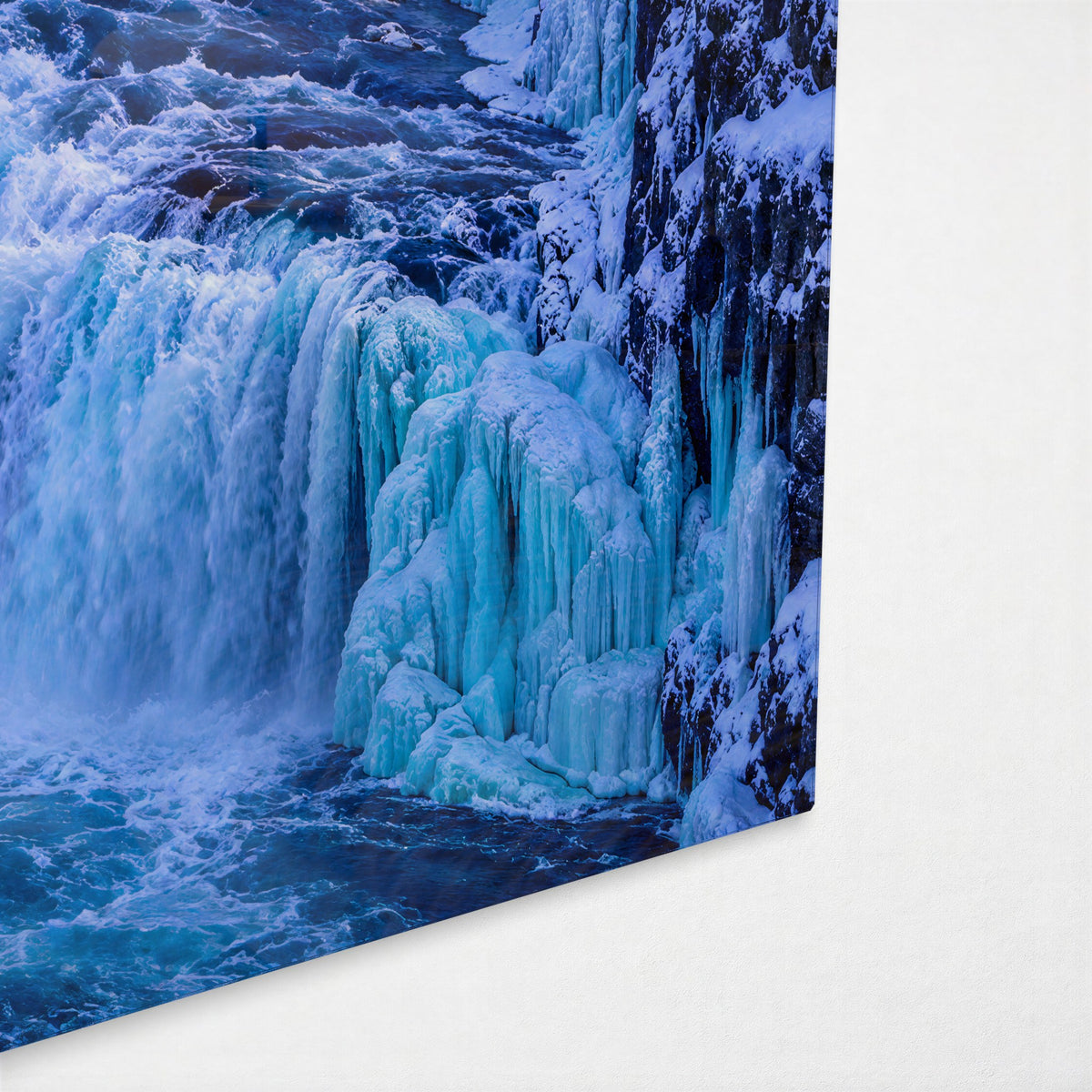 Frozen Falls, Pink Dusk glass wall art, corner view