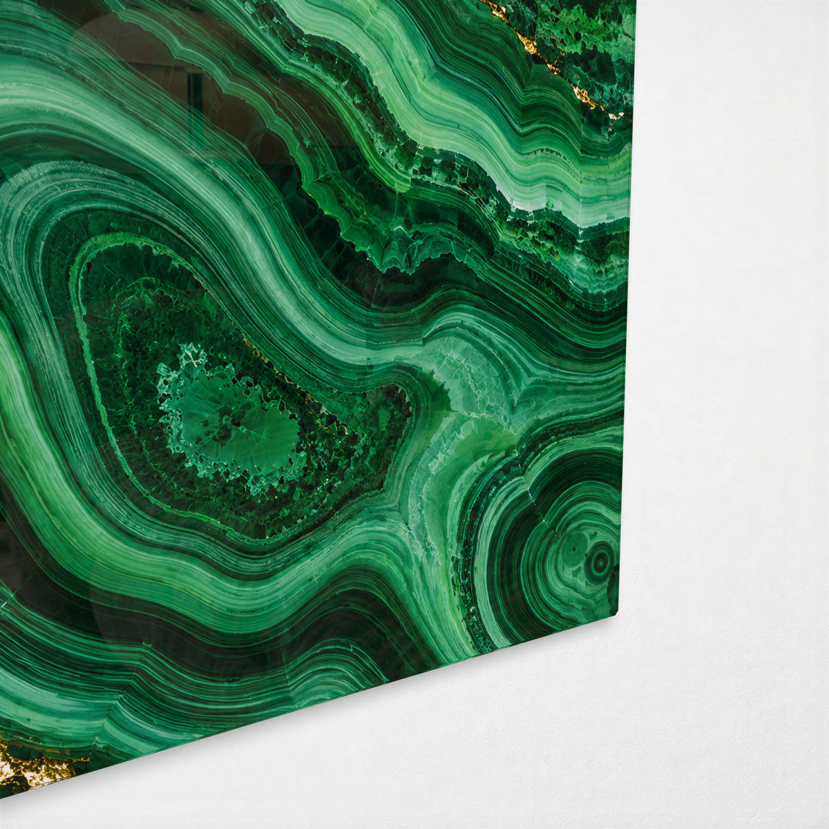 Green Stone, Bright Vein glass wall art, corner view