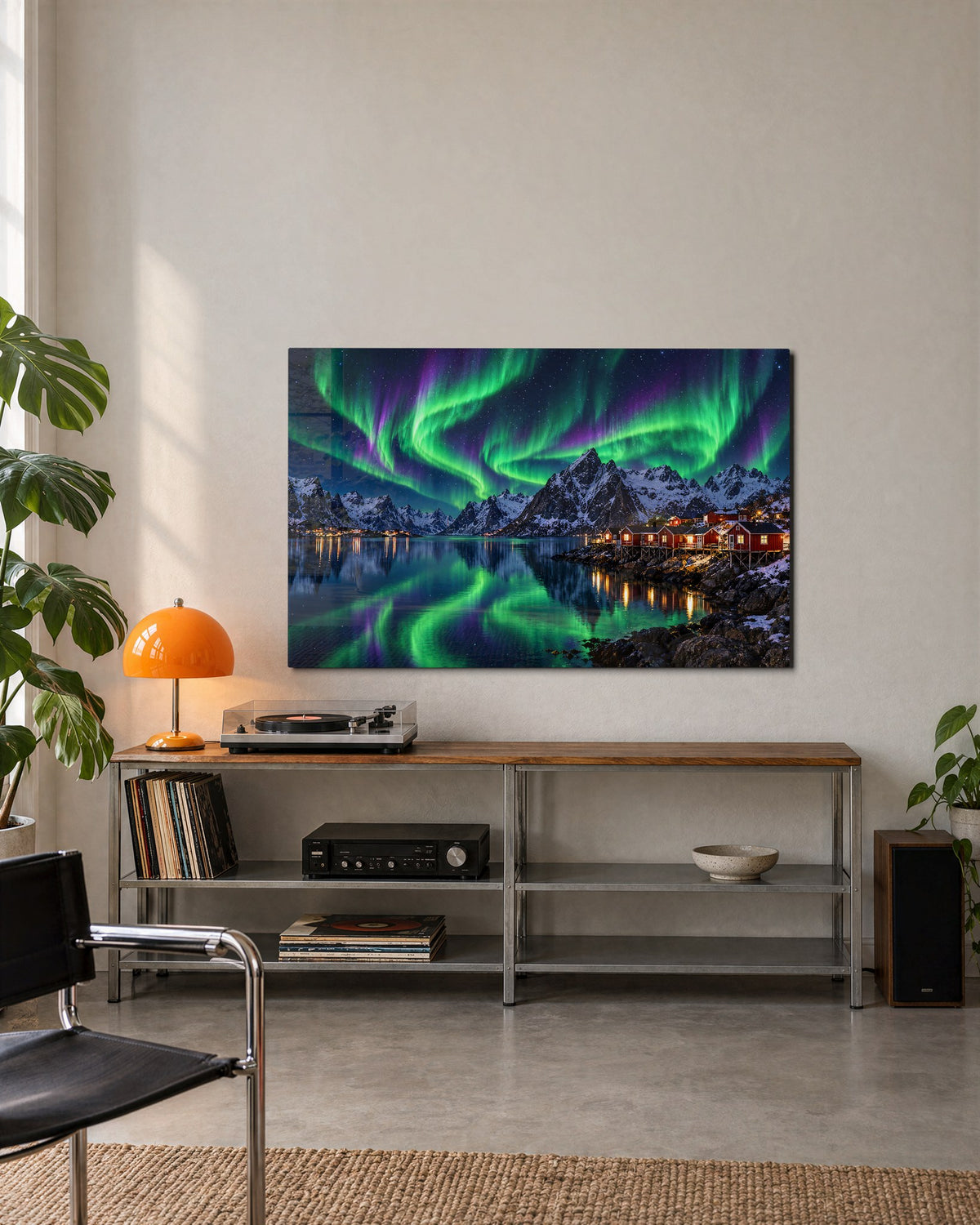 Northern Lights, Red Huts glass wall art, lifestyle view
