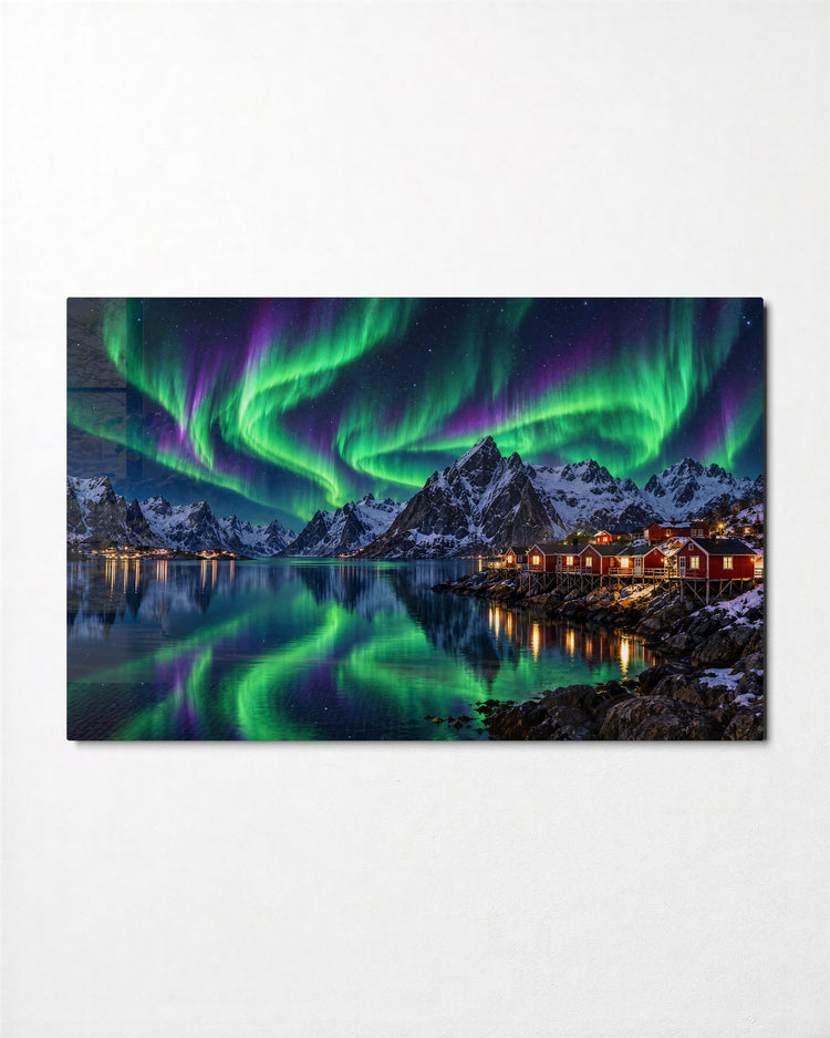 Northern Lights, Red Huts glass wall art, front view