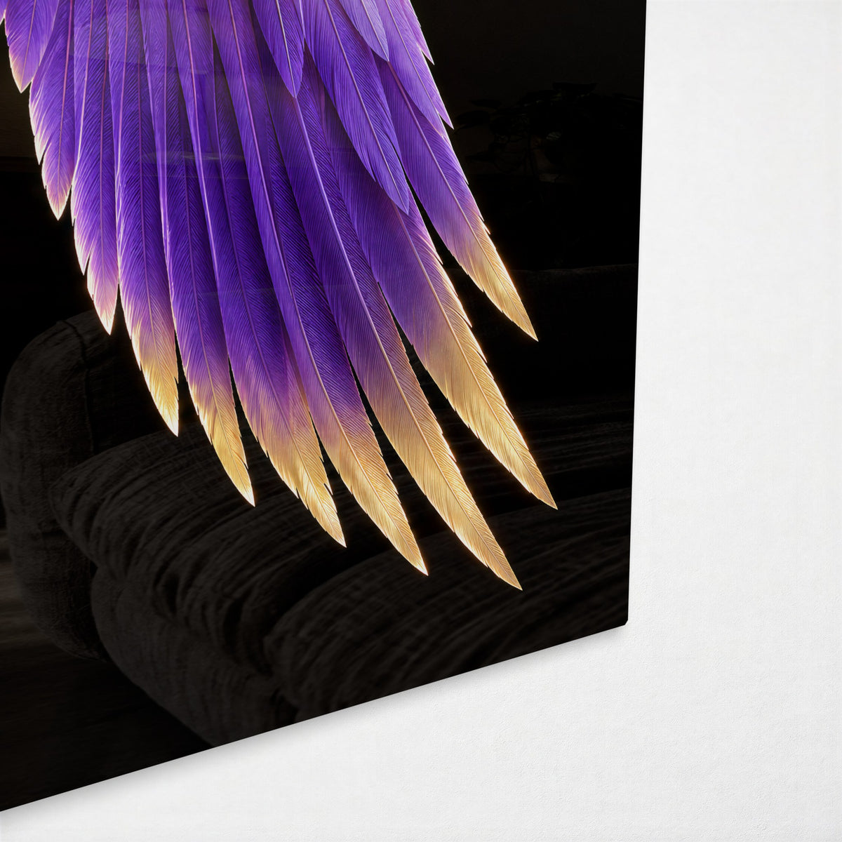 Gradient Plumage glass wall art, corner view