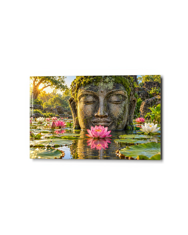 Moss Face, Pink Water Flowers glass wall art, studio view