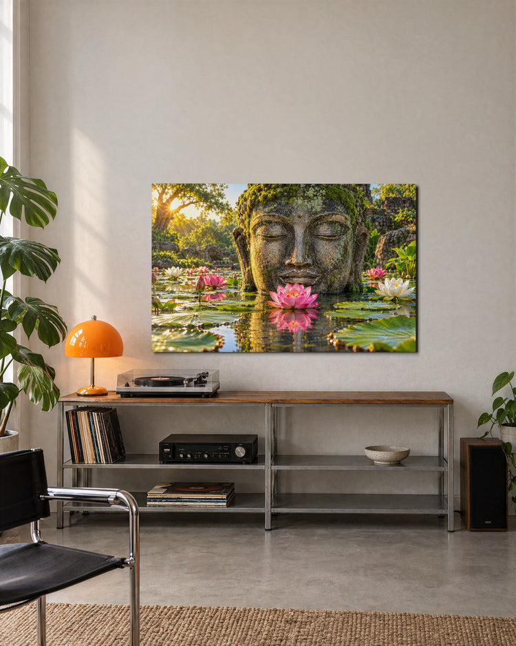 Moss Face, Pink Water Flowers glass wall art, lifestyle view