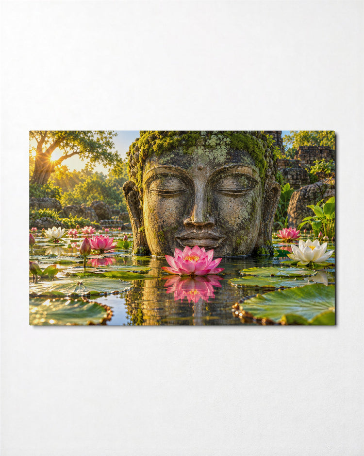 Moss Face, Pink Water Flowers glass wall art, front view