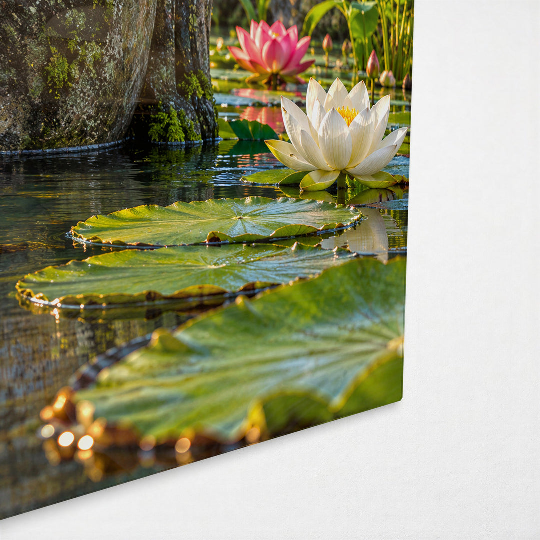 Moss Face, Pink Water Flowers glass wall art, corner view