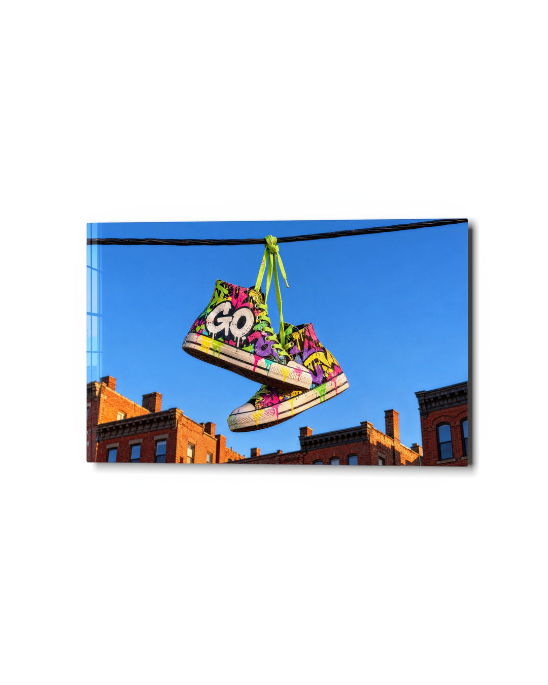 Footwear on a Power Line glass wall art, studio view