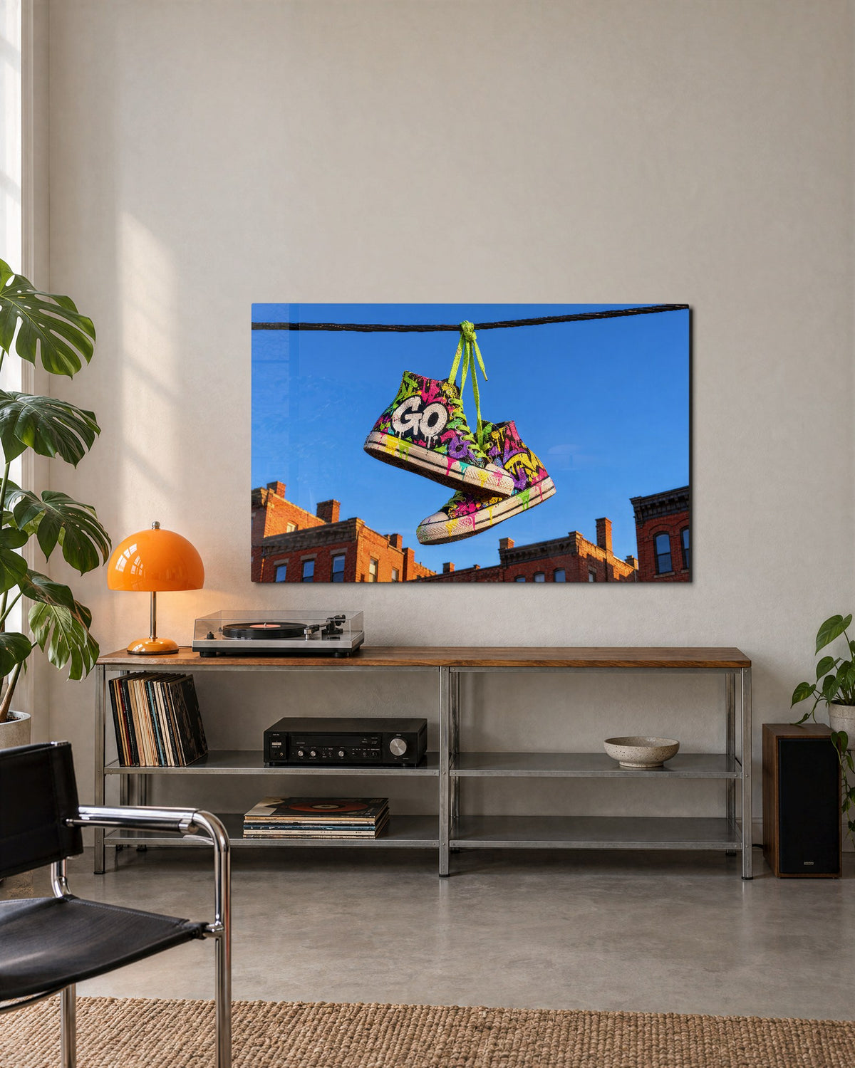 Footwear on a Power Line glass wall art, lifestyle view