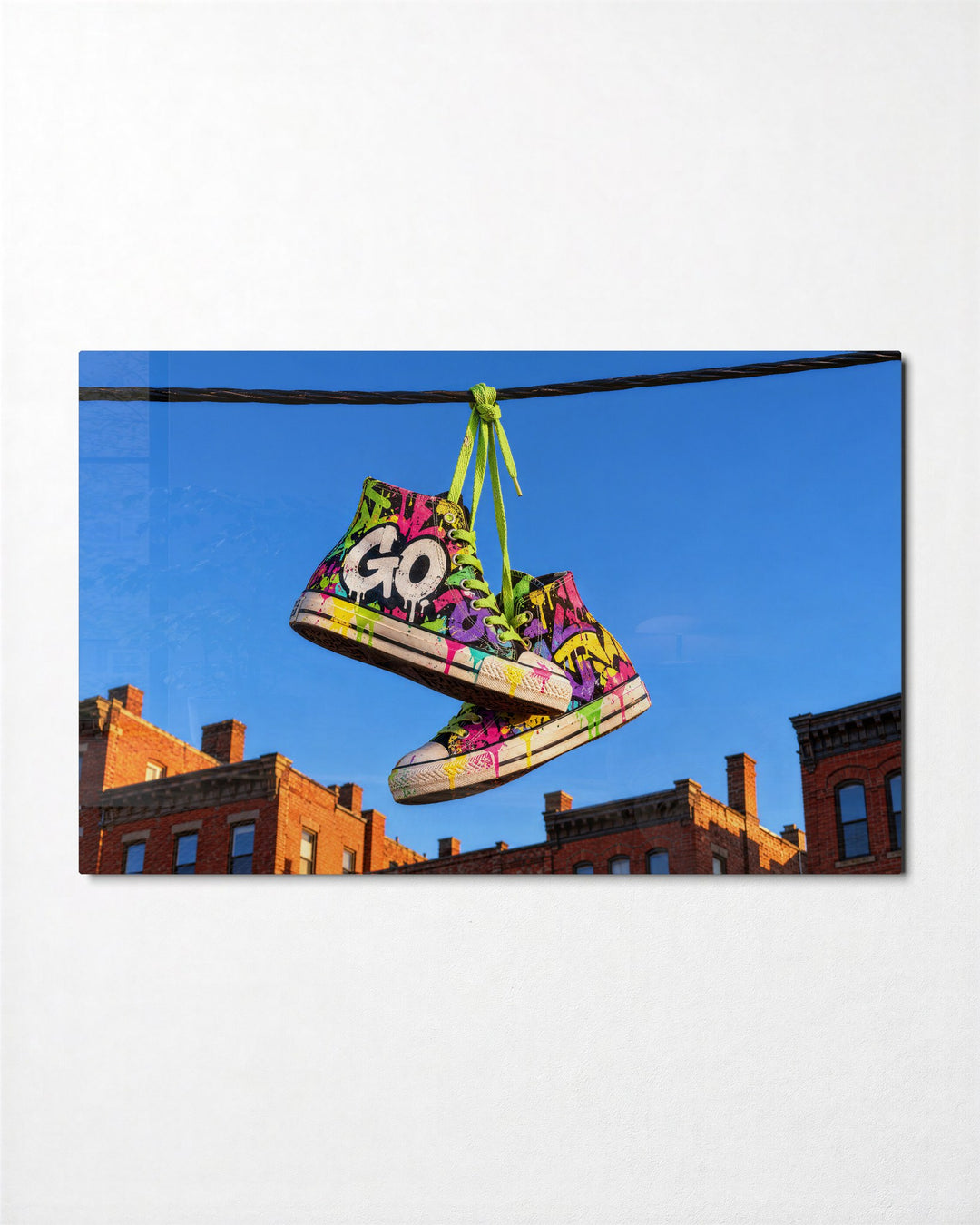 Footwear on a Power Line glass wall art, front view