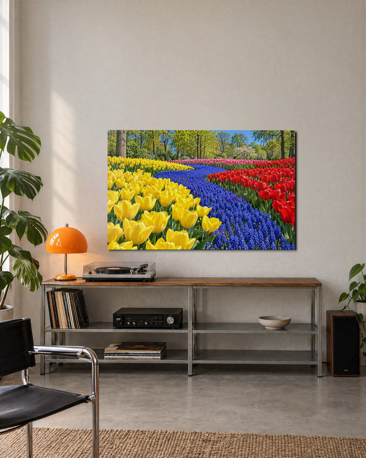 Blue Stream in Tulip Beds glass wall art, lifestyle view