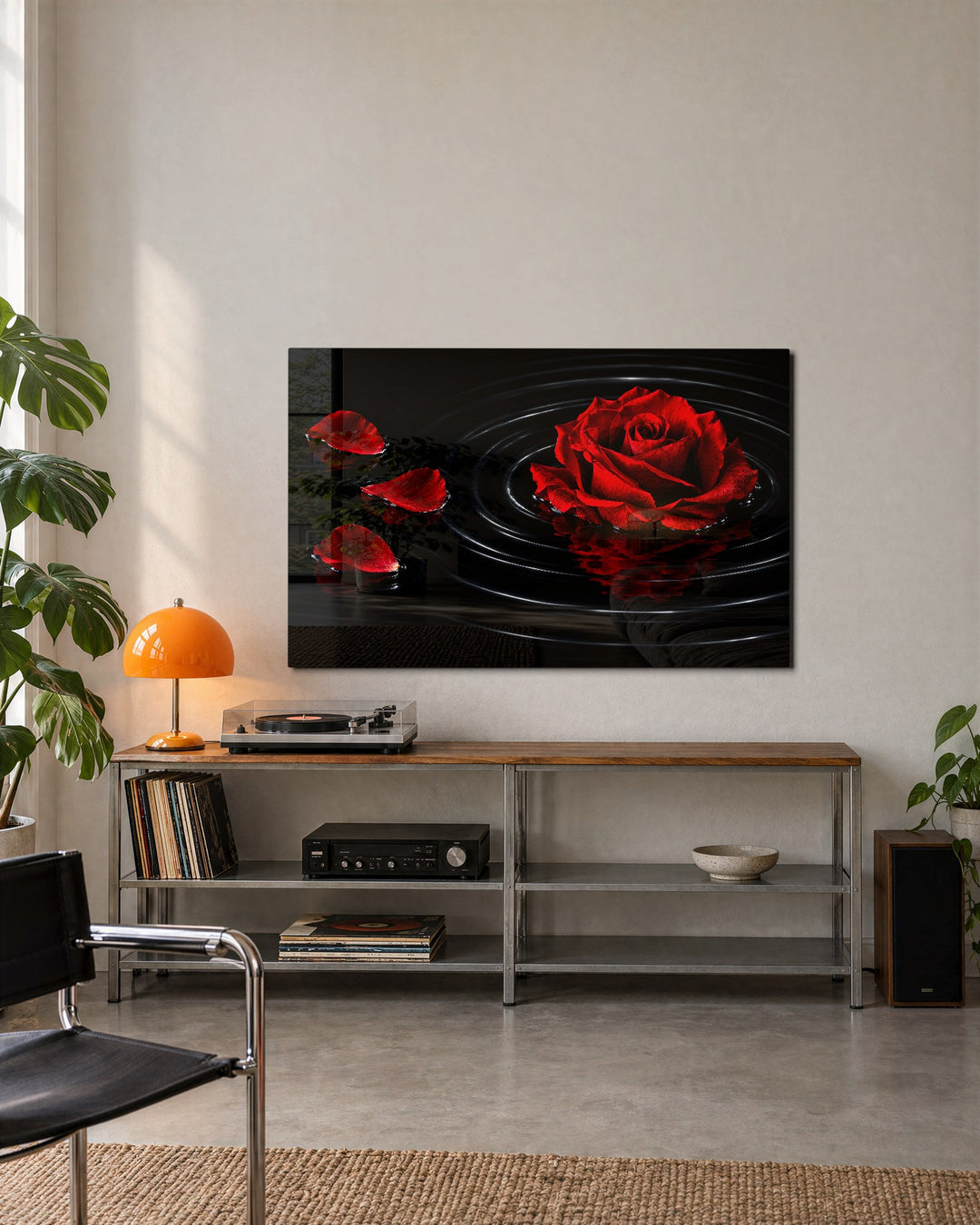 One Flower, Many Rings glass wall art, lifestyle view