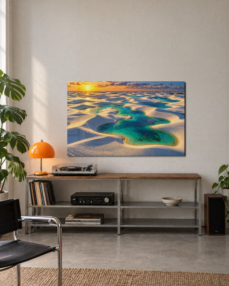 Turquoise Pools, Pale Sand glass wall art, lifestyle view