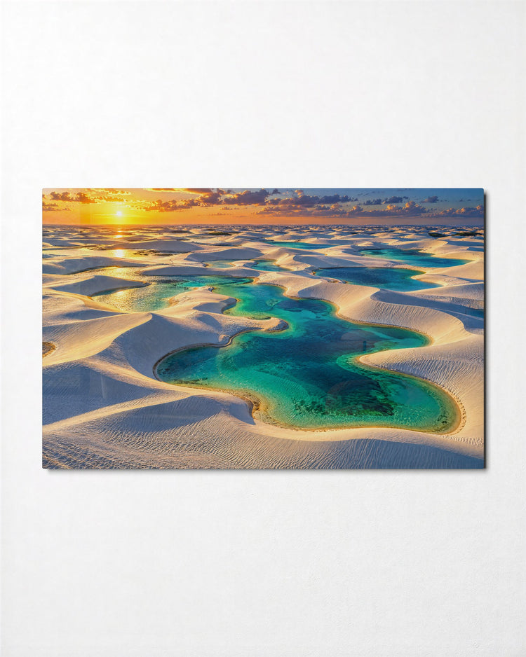 Turquoise Pools, Pale Sand glass wall art, front view