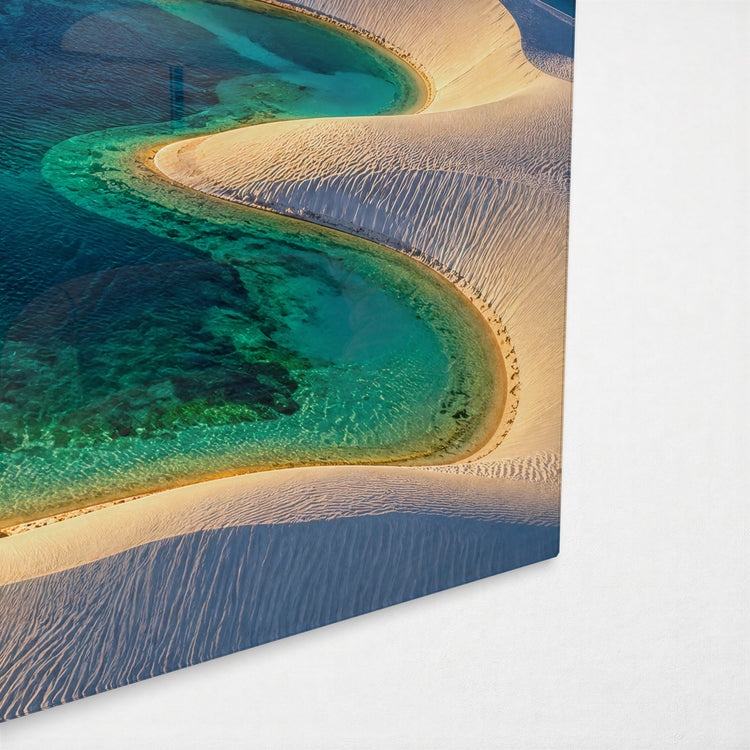 Turquoise Pools, Pale Sand glass wall art, corner view