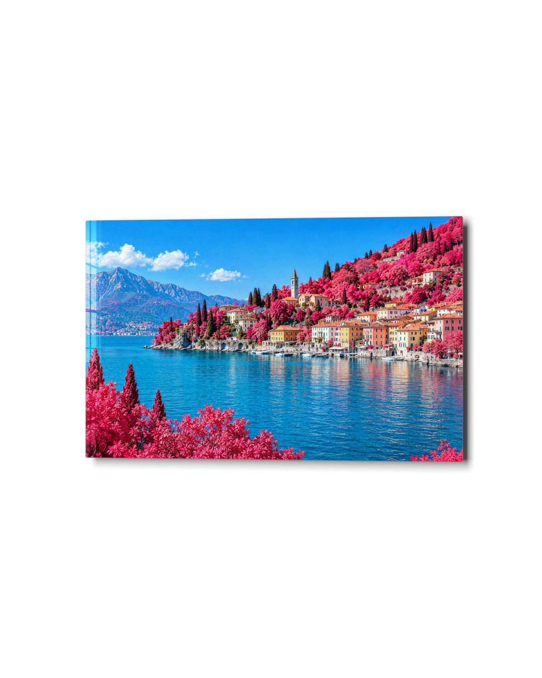Pastel Village, Magenta Hills glass wall art, studio view