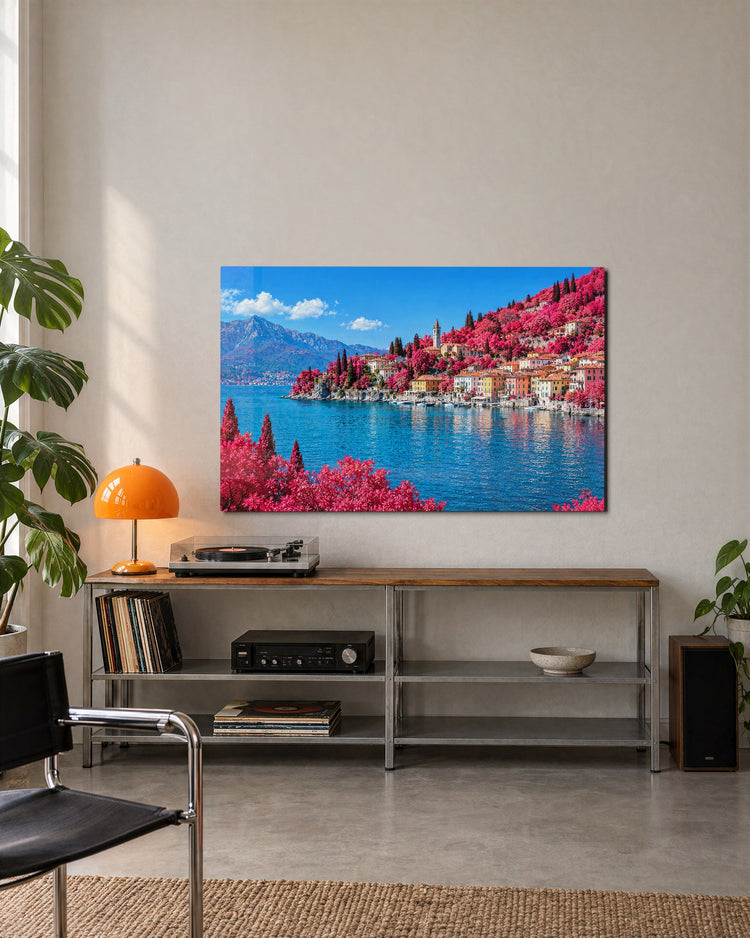 Pastel Village, Magenta Hills glass wall art, lifestyle view