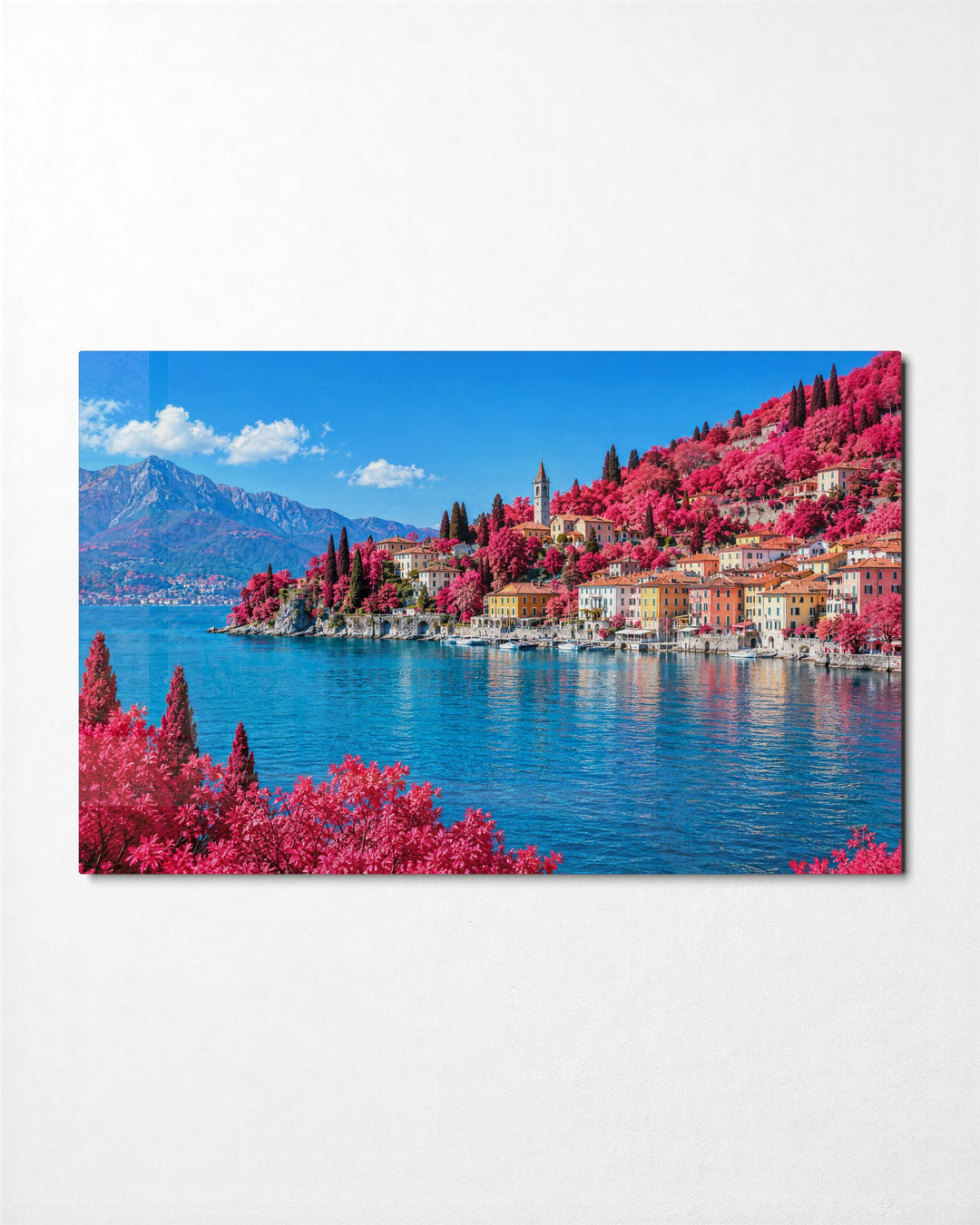 Pastel Village, Magenta Hills glass wall art, front view