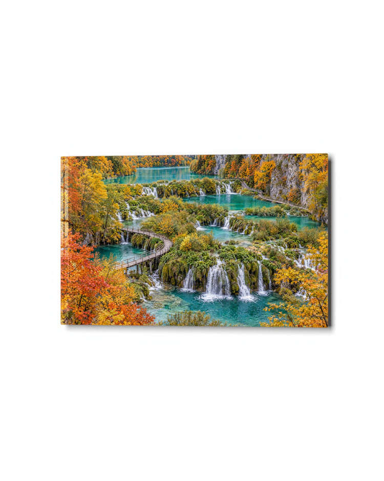 Turquoise Steps and Autumn glass wall art, studio view