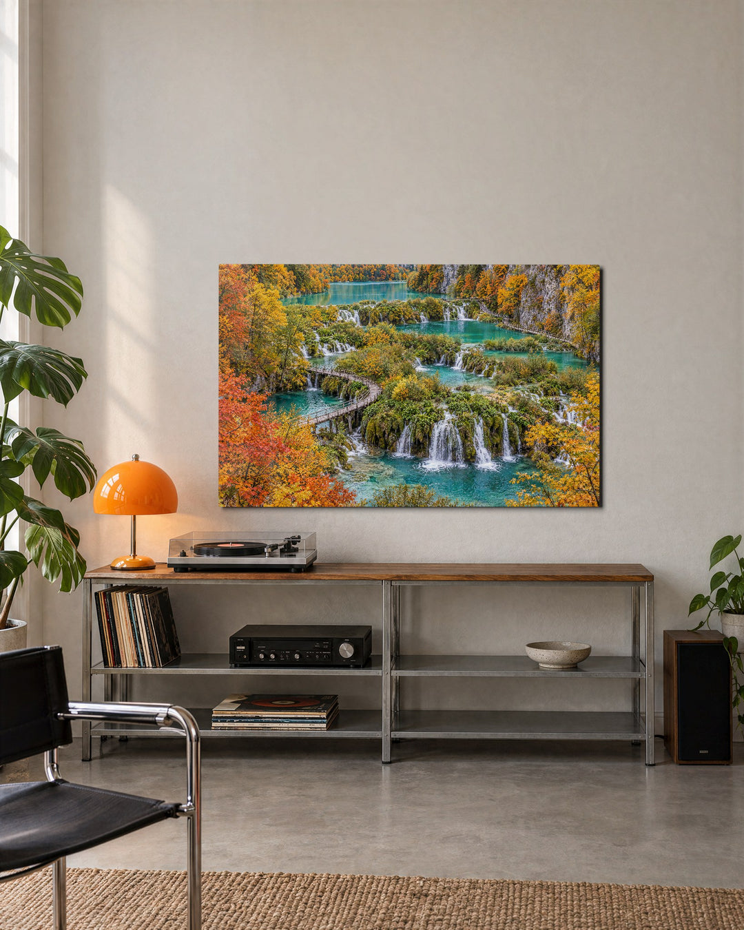 Turquoise Steps and Autumn glass wall art, lifestyle view